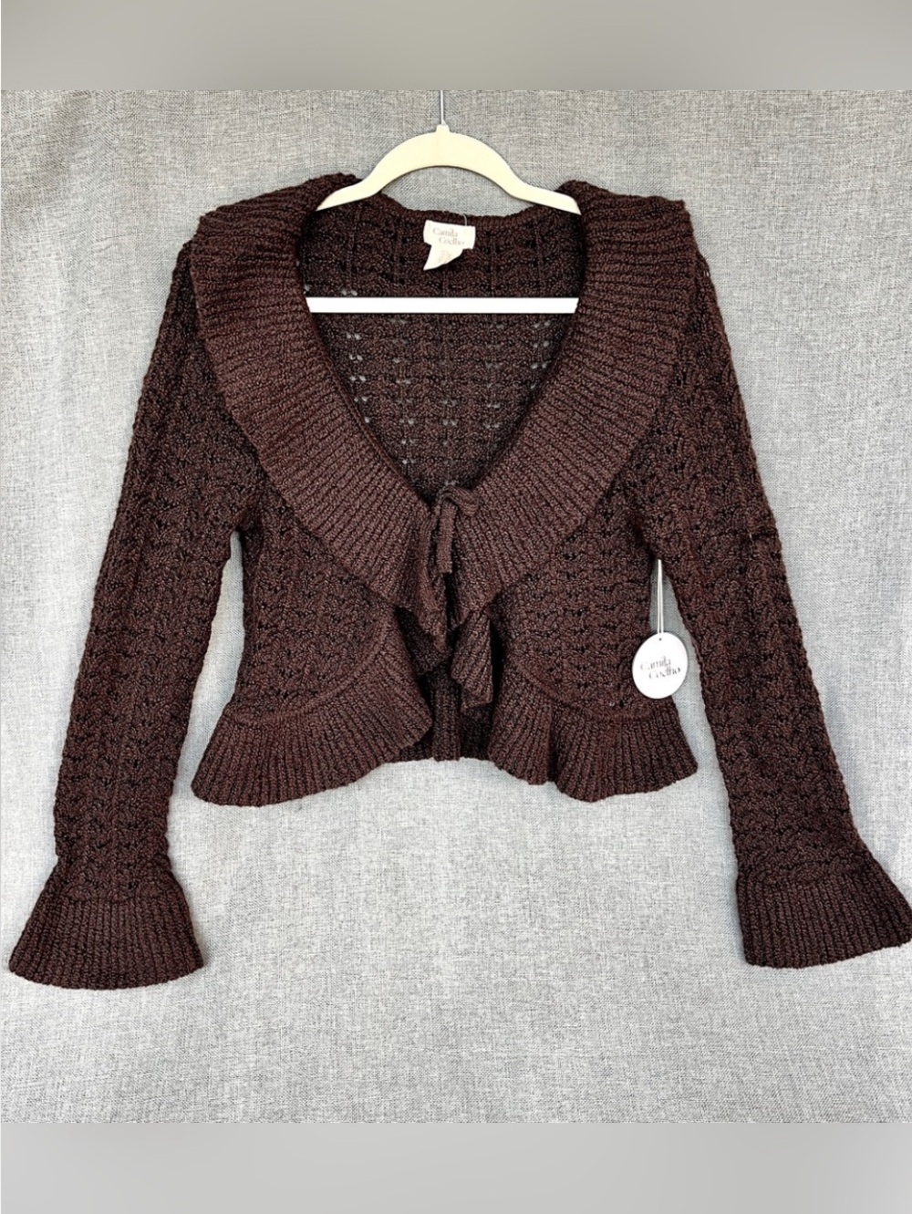 Camila Coelho Toni Knit Ruffle Trim Front Tie Brown Boho Cardigan Sweater size L